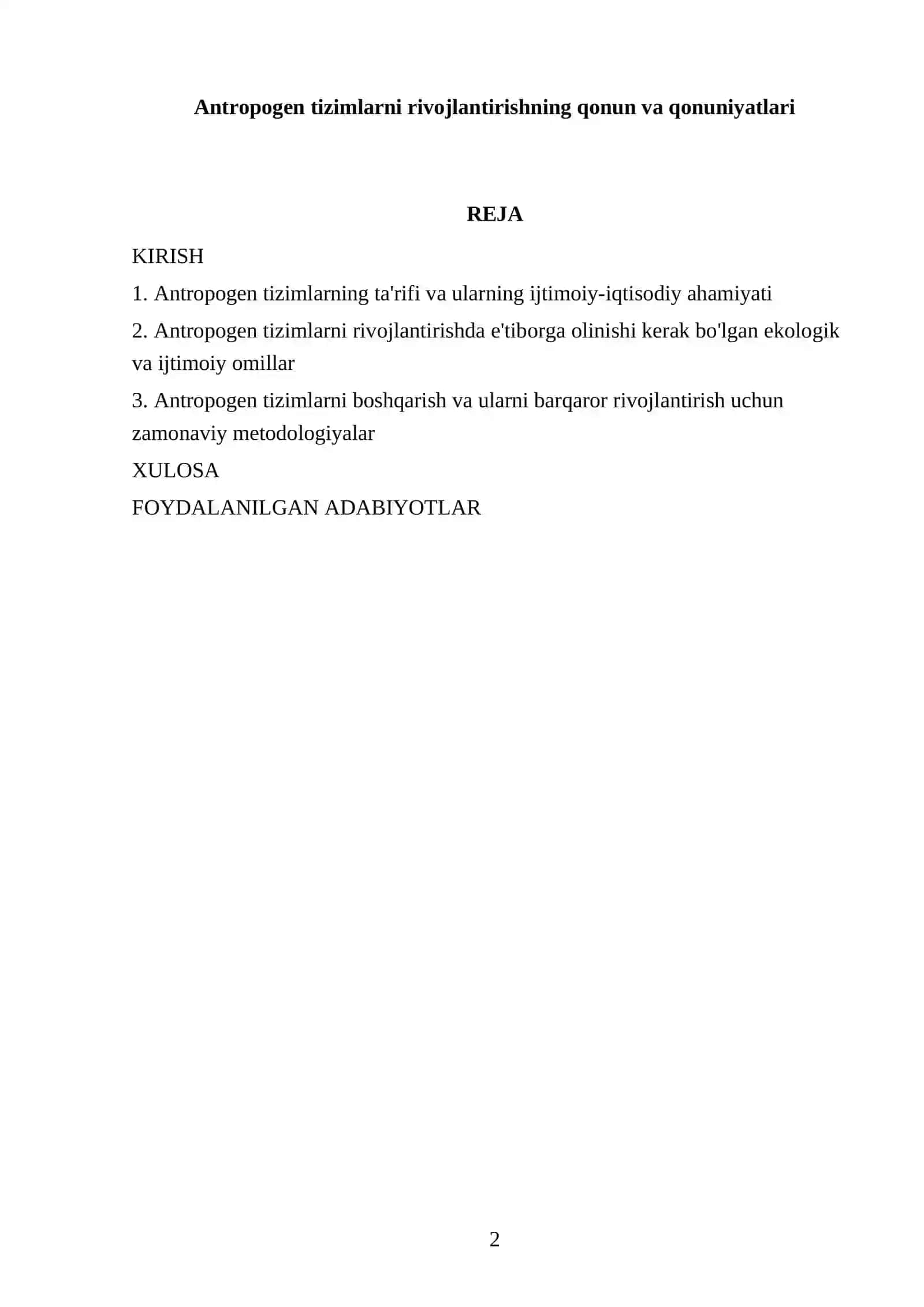 Antropogen tizimlarni rivojlantirishning qonun va qonuniyatlari 2
