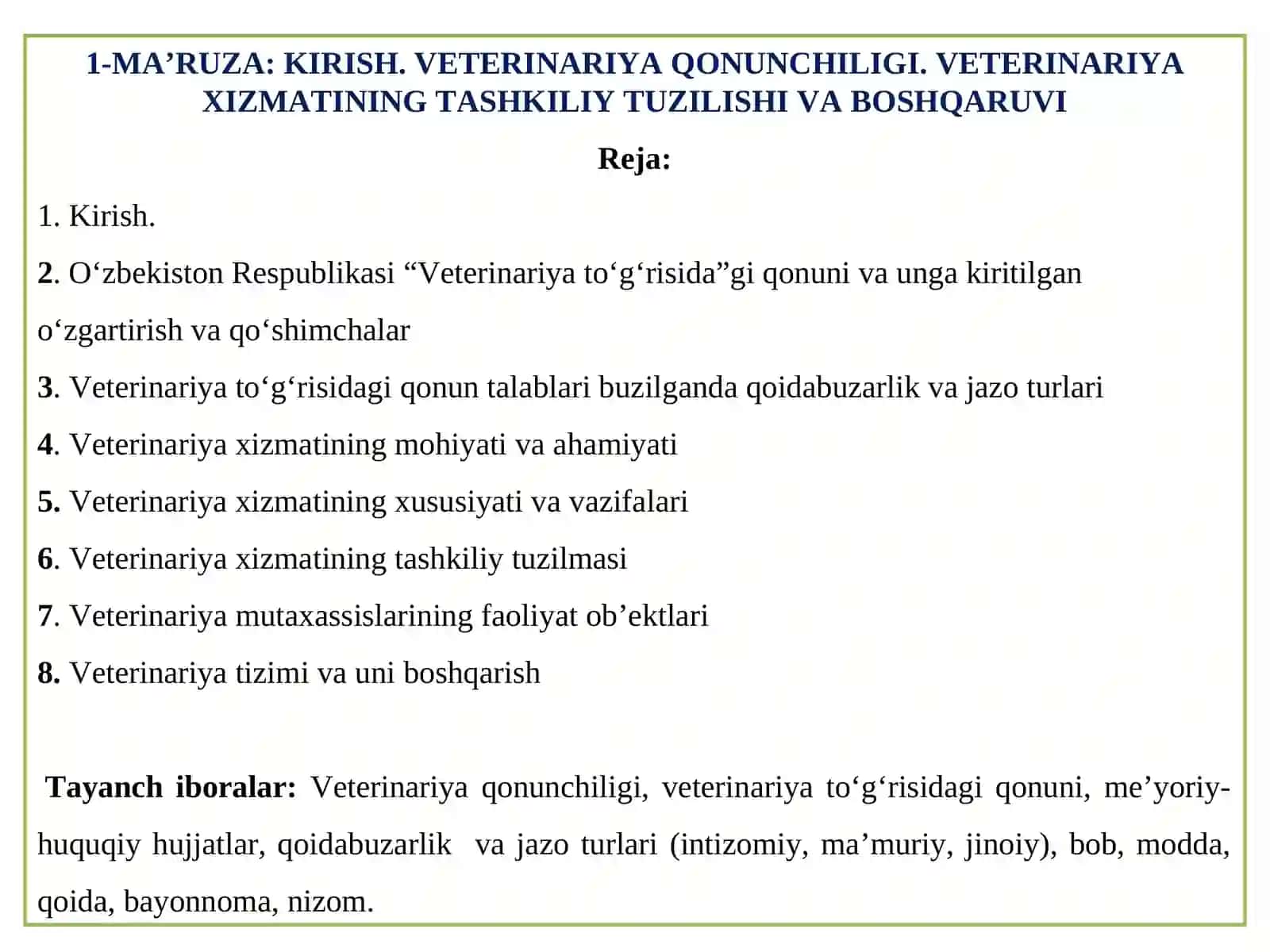 VETERINARIYA ISHINI TASHKIL ETISH VA QONUNCHILIGI 2