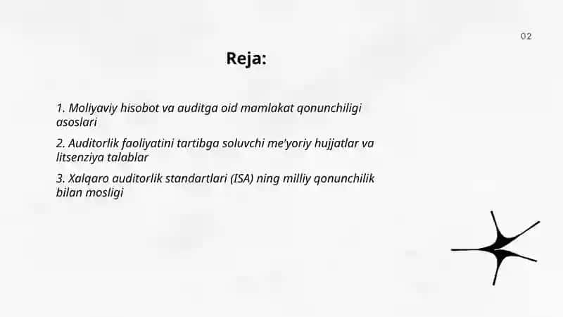Moliyaviy hisobotning auditida qonunlar va me'yoriy hujjatlarni ko'rib chiqish 2