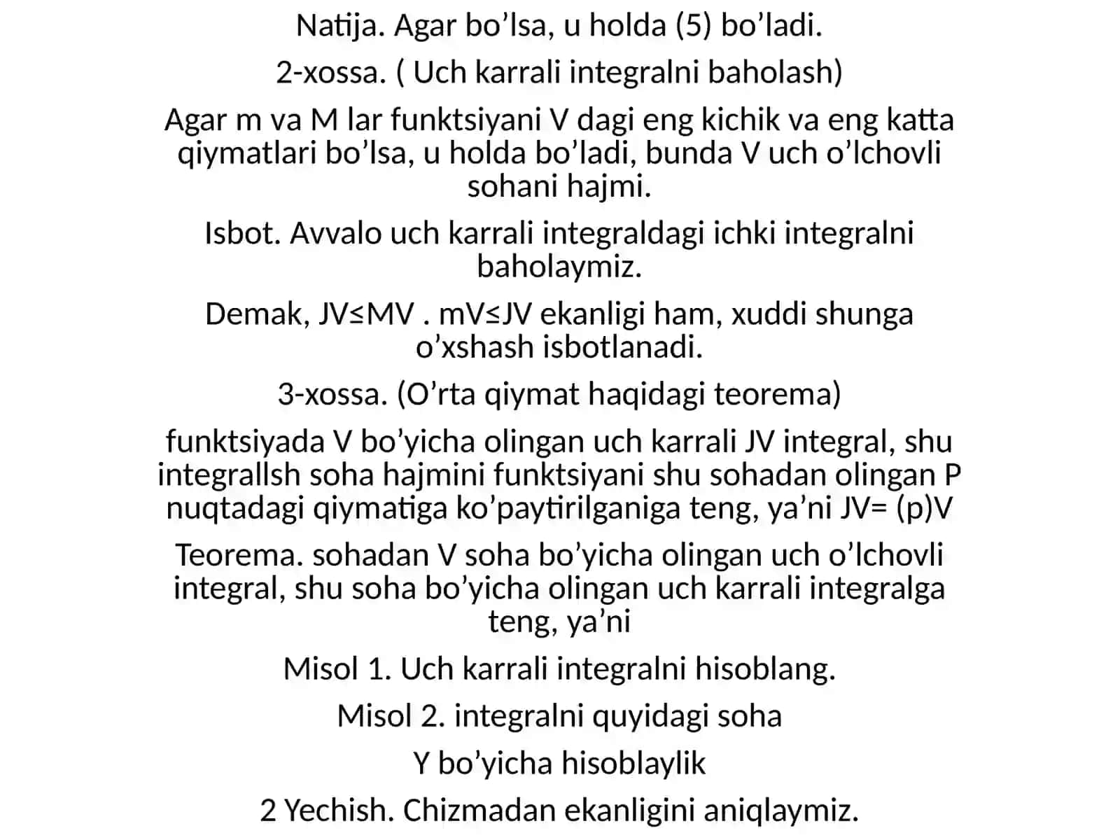 Uchkarrali integralning xossalari 2