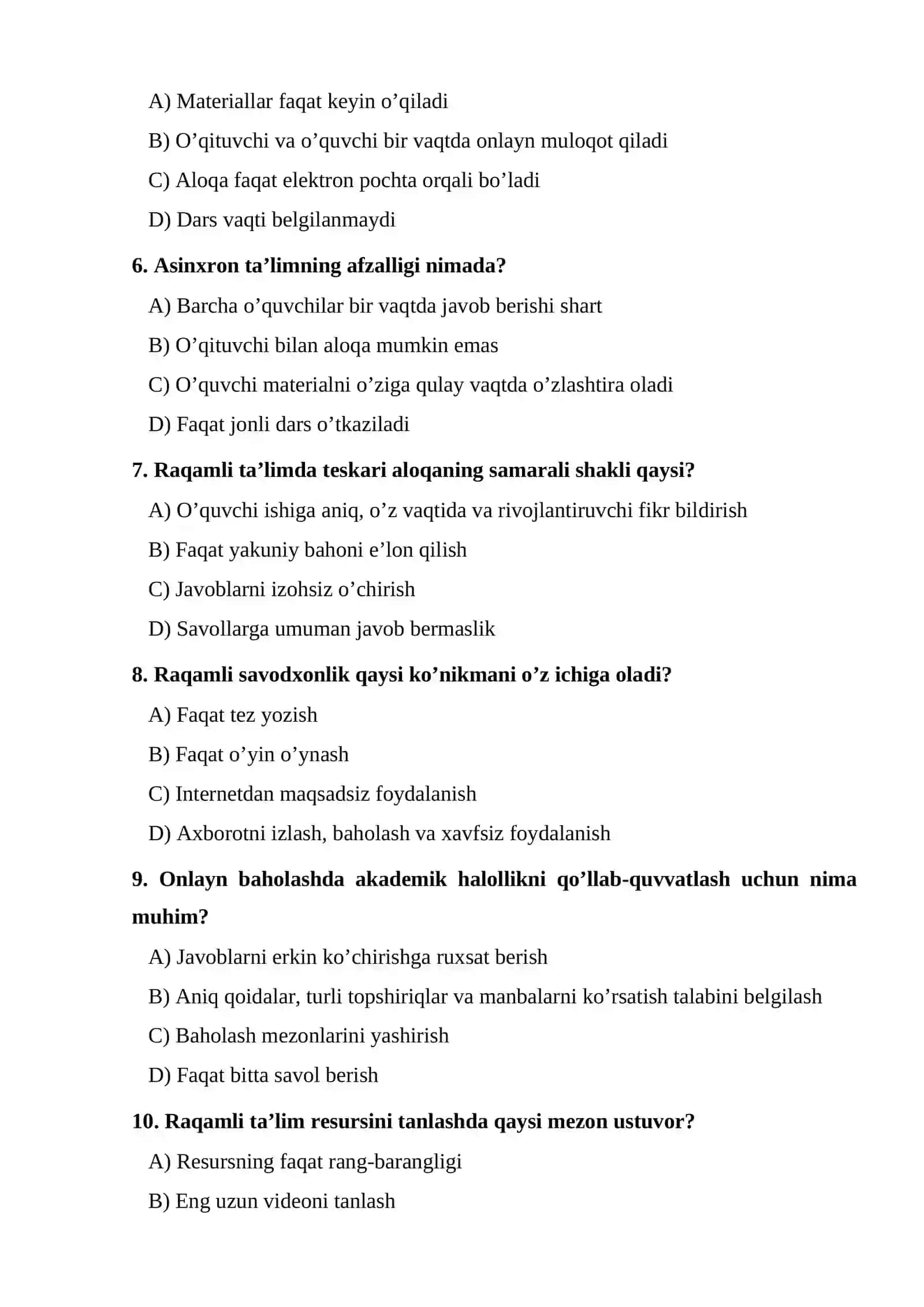 Raqamli ta’lim muhitida o’qituvchi va o’quvchi faoliyatining o’ziga xos xususiyatlari  test 2