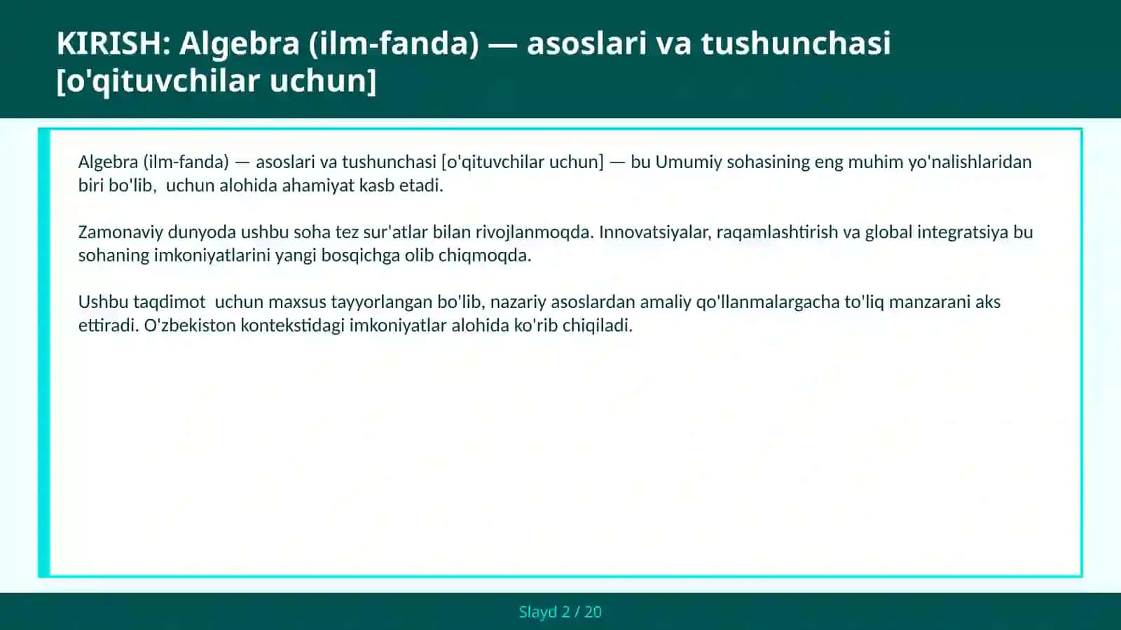 Algebra (ILM-FANDA) — ASOSLARI VA TUSHUNCHASI [O'QITUVCHILAR UCHUN] 2