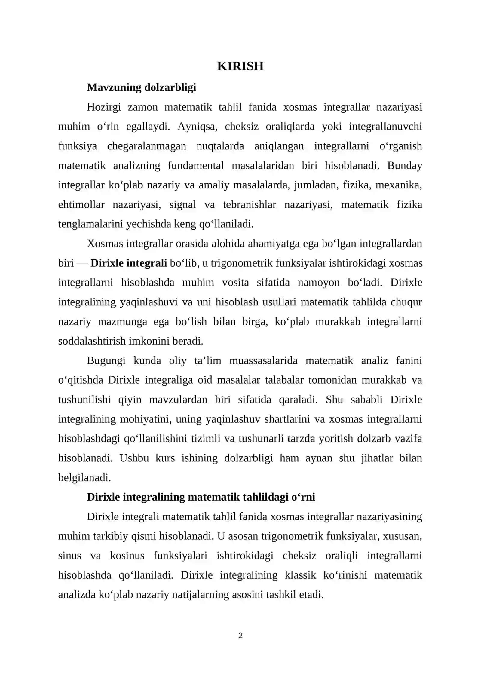 Dirixle integralini hisoblash va uning ba’zi bir xosmas integrallarni hisoblashda qo‘llanilishi 2