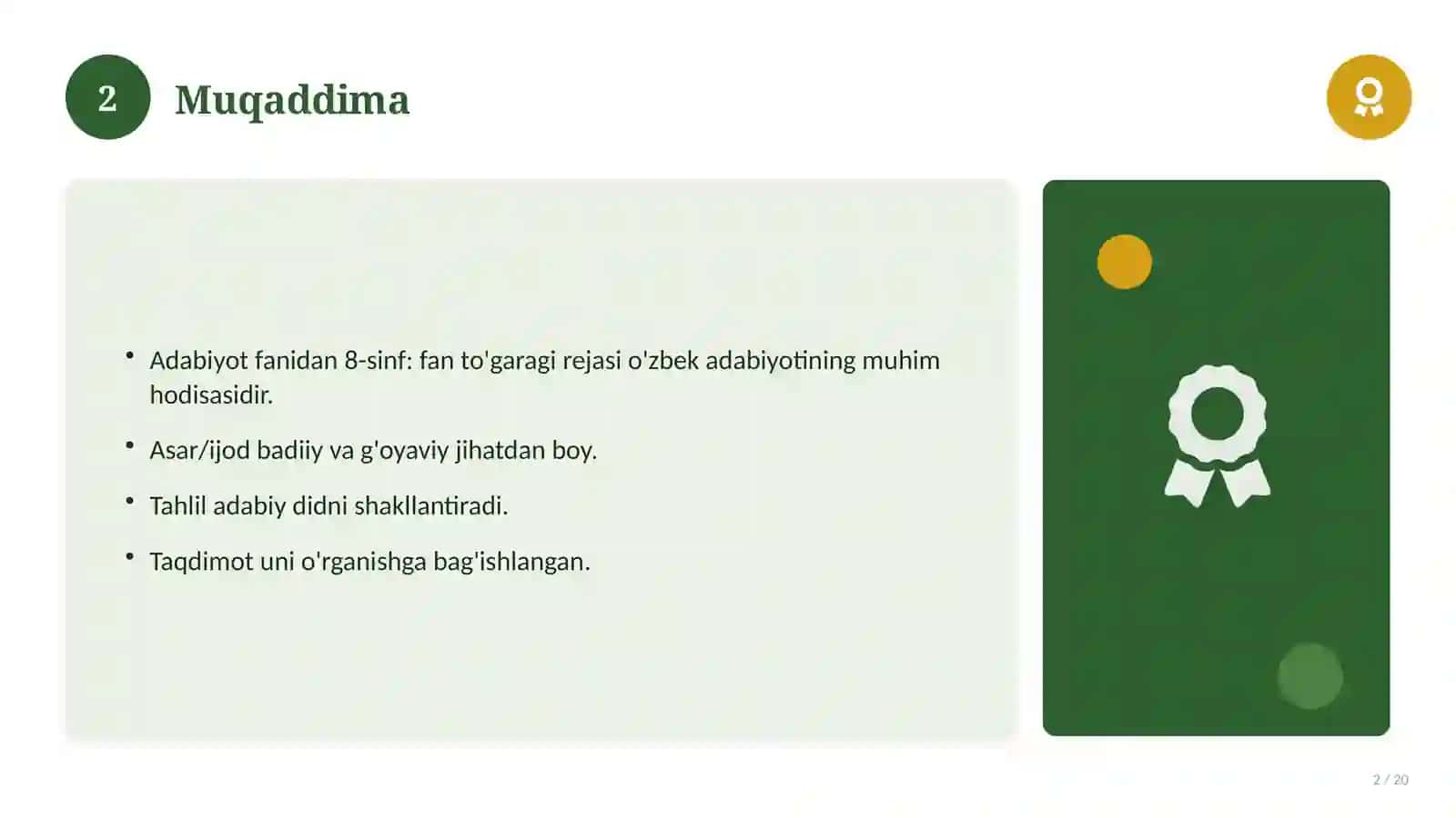 Adabiyot fanidan 8-sinf: fan to'garagi rejasi 2