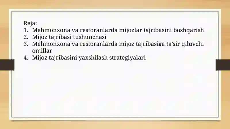 Mehmonxonava restoranlarda mijozlar tajribasini boshqarish 2