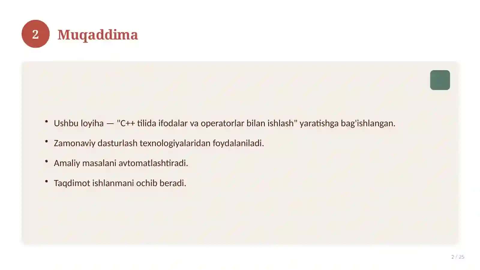 "C++ tilida ifodalar va operatorlar bilan ishlash" 2