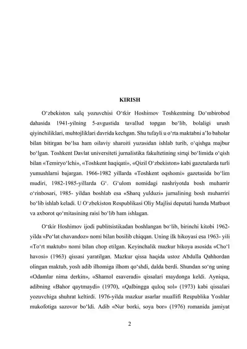 “ Ikki eshik orasi “ romanida zamon qahramon munosabatlarining badiiy talqini mavzusida yozgan 2