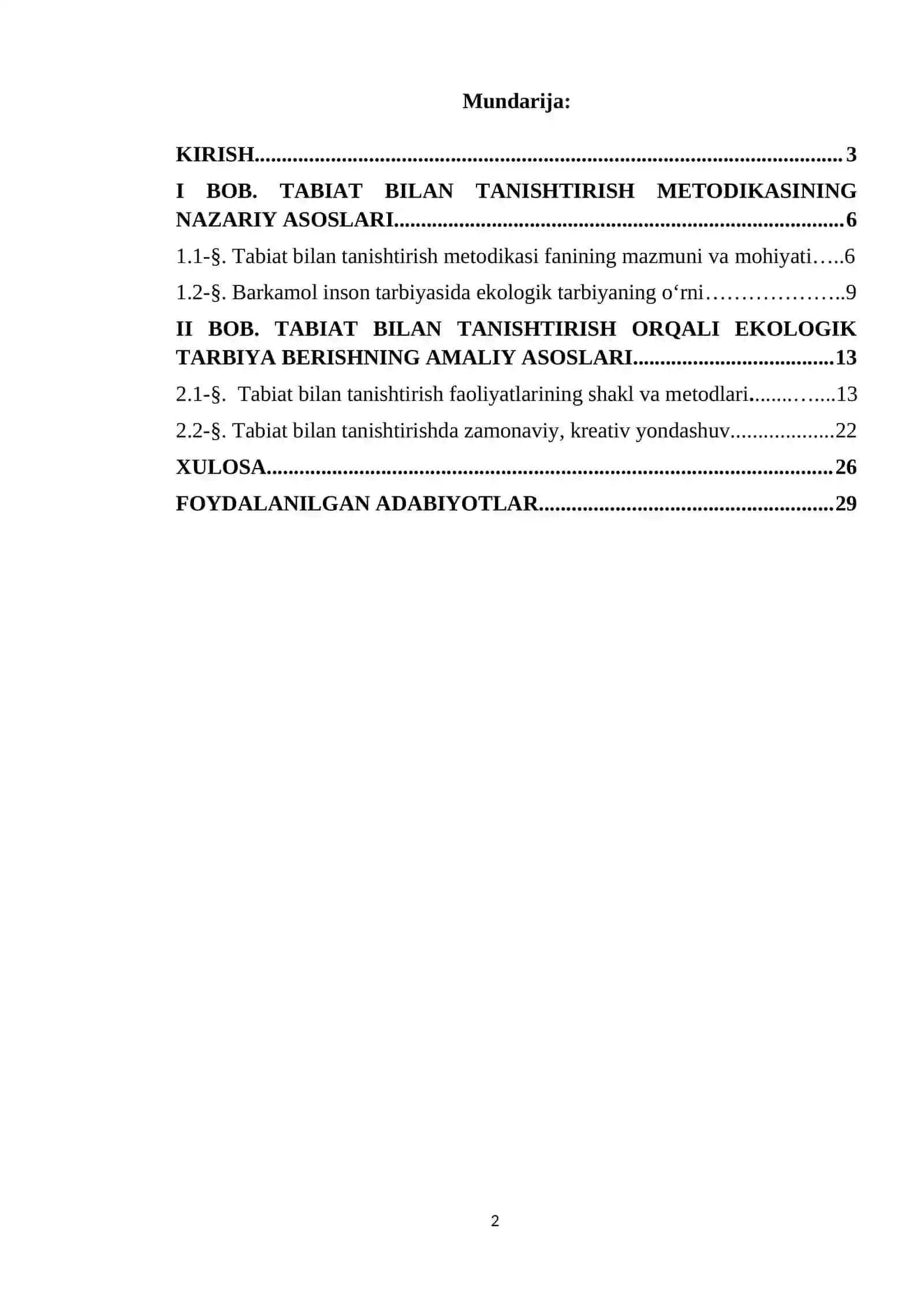 Tabiat bilan tanishtirish metodikasi fanidan Kurs ishi 2