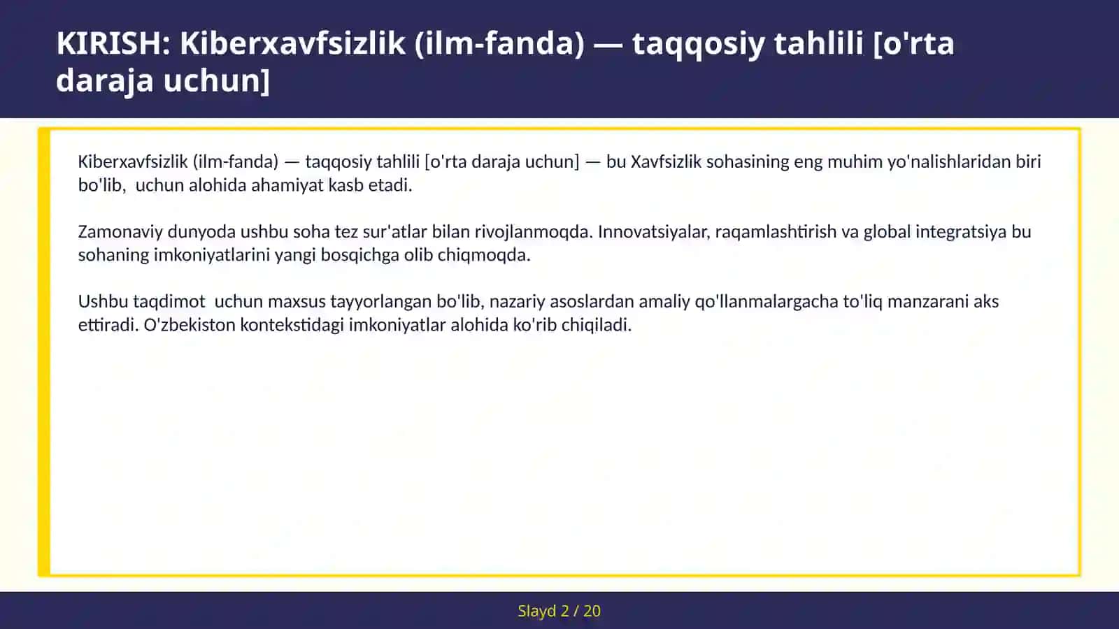 Kiberxavfsizlik (ilm-fanda) — taqqosiy tahlili [o'rta daraja uchun] 2