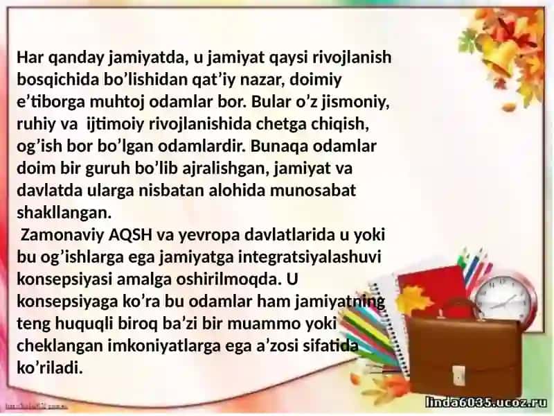 Alohida yordamga muhtoj bolani umumta'lim maktabi yoki maktabgacha tashkilotda inklyuziv ta'lim sharoitida o'qishga moslashishida oila va maktabning o'rni 2