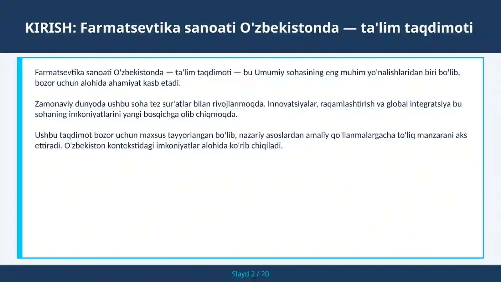 Farmatsevtika Sanoati O'zbekistonda — Ta'lim Taqdimoti 2