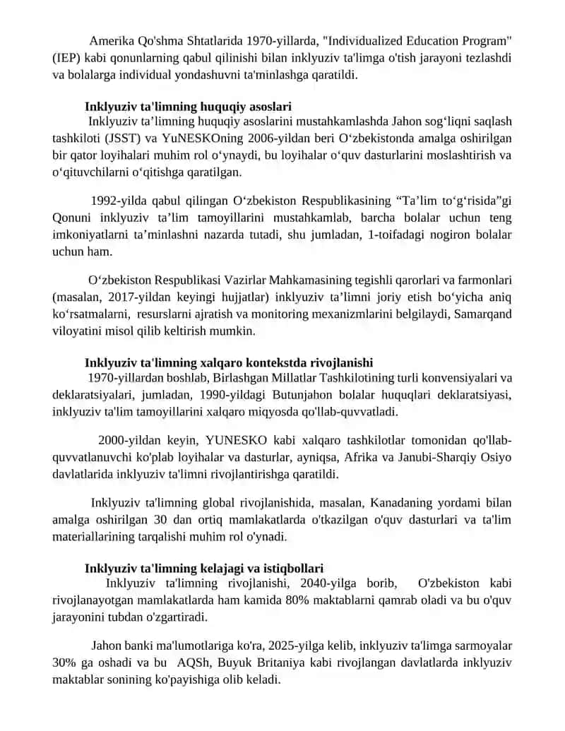 Inklyuziv ta‘ilmning nazariy asoslari va uning rivojlanish tarixi tesi 2