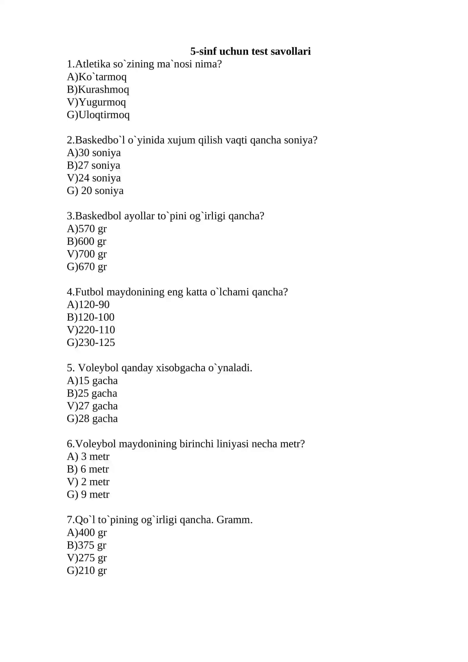 Jismoniy tarbiya fanidan 5,6,7,8,9 sinflar uchun  test savollari va javoblari 2