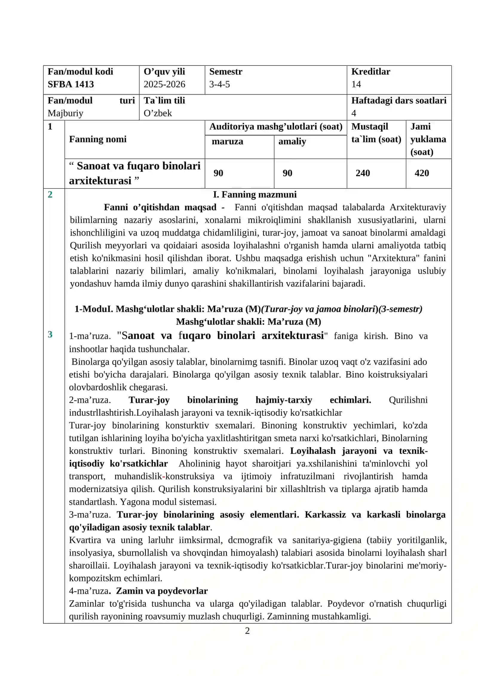 «Sanoat va fuqaro binolari arxitekturasi» FANI DASTURI 2