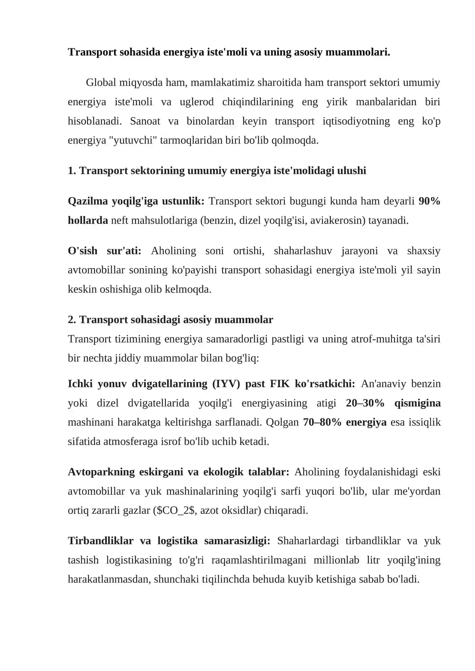 Transportda energosarflarni tejash muammolari va yechimlari 2