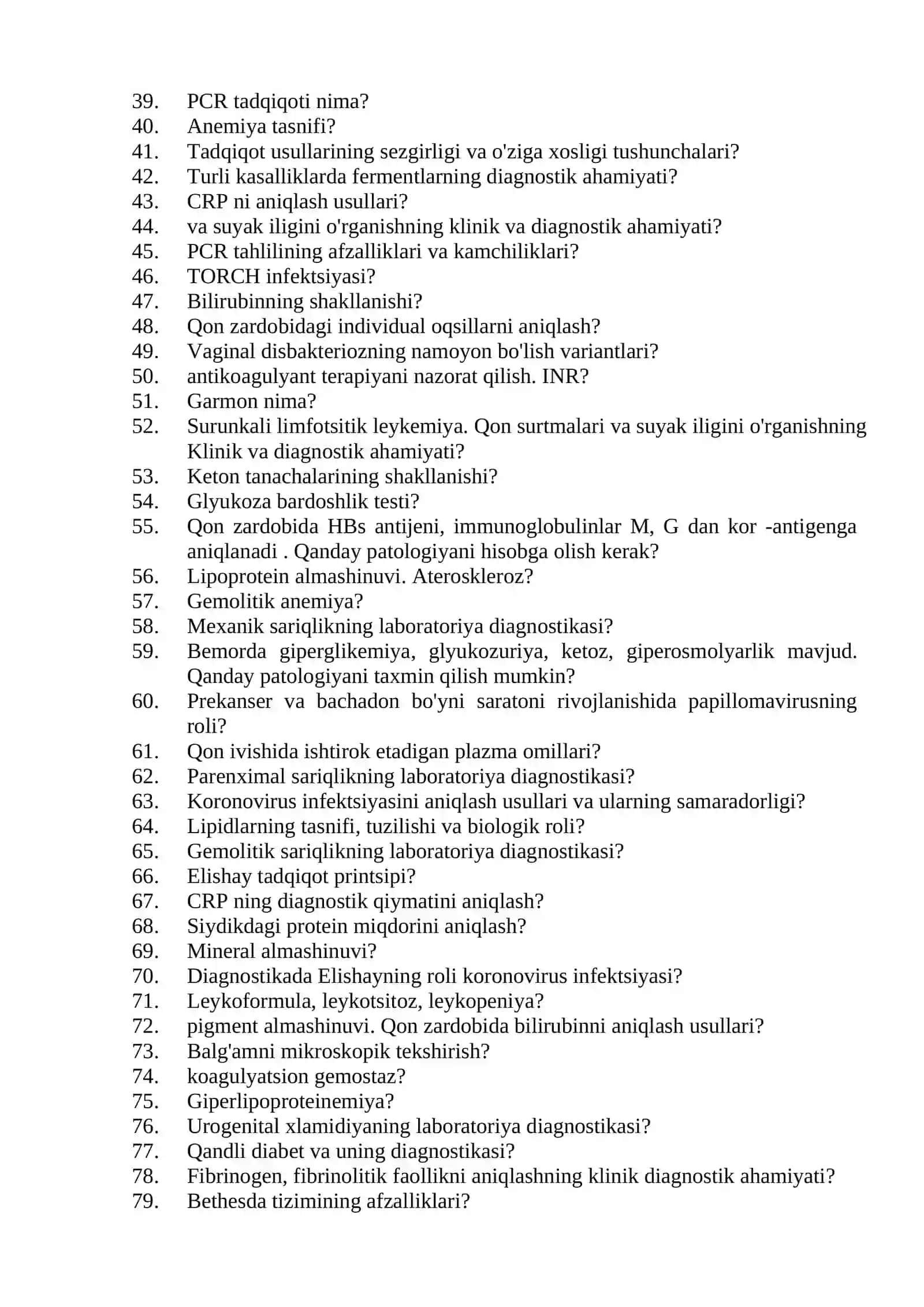 Laboratoriya ishi mutaxassisligi bo'yicha shakllantirilgan Og'zaki savollar ro'yxati 2
