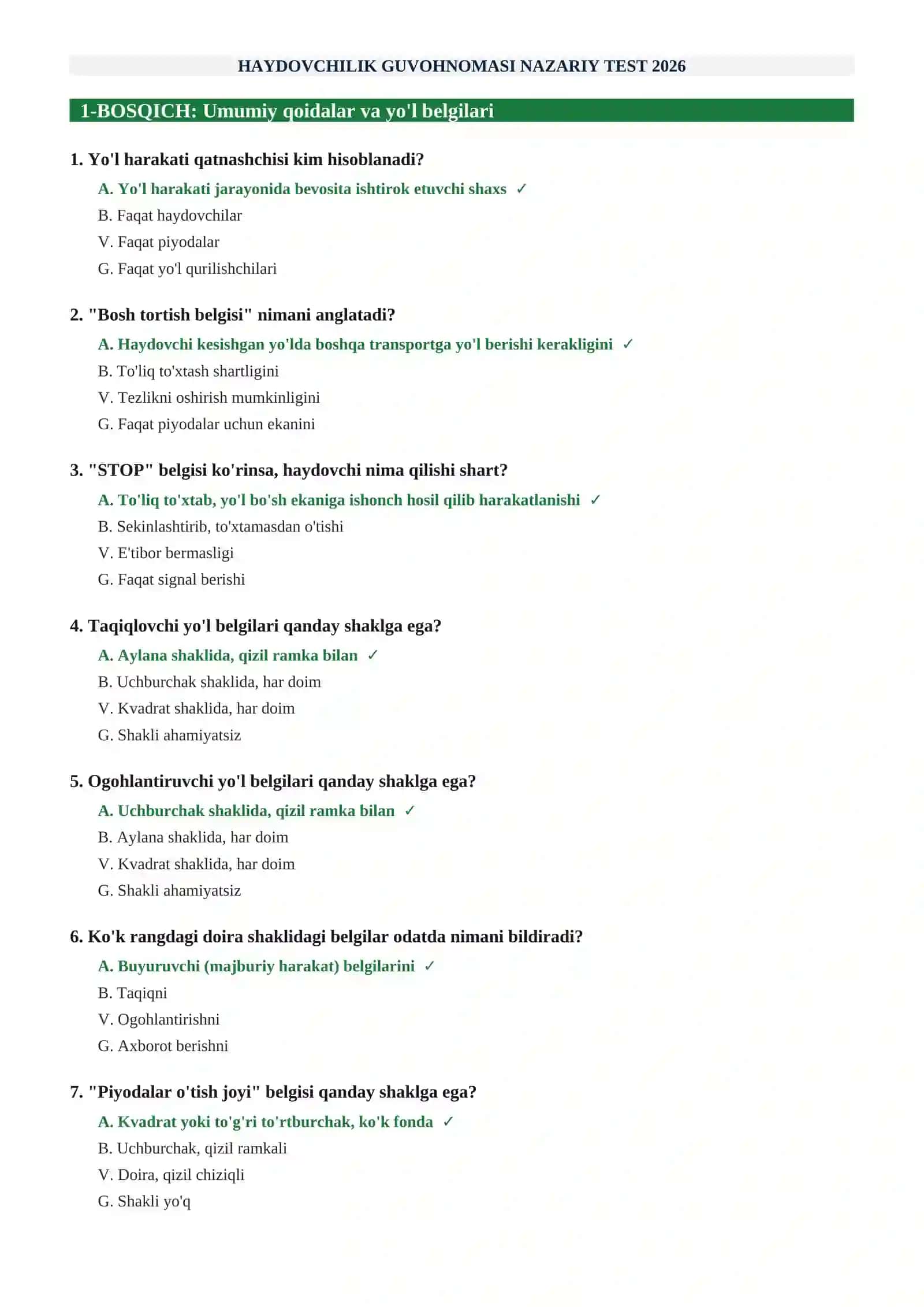 HAYDOVCHILIK GUVOHNOMASI (B TOIFA) NAZARIY IMTIHON TEST SAVOLLARI 2026 | 90 ta savol 2