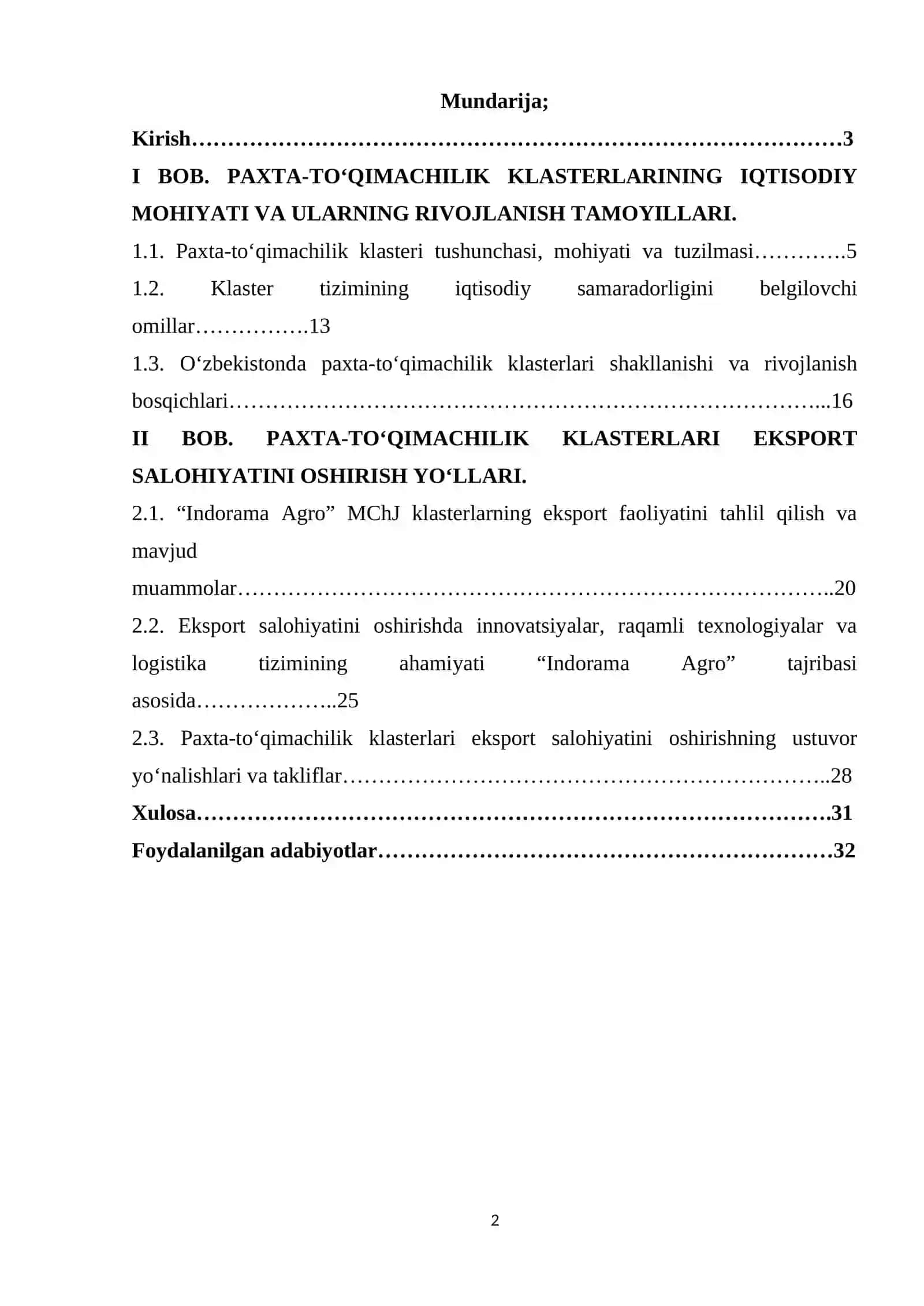 Paxta toʻqimachilik klasterlari eksport salohiyatini oshirish yoʻllari 2