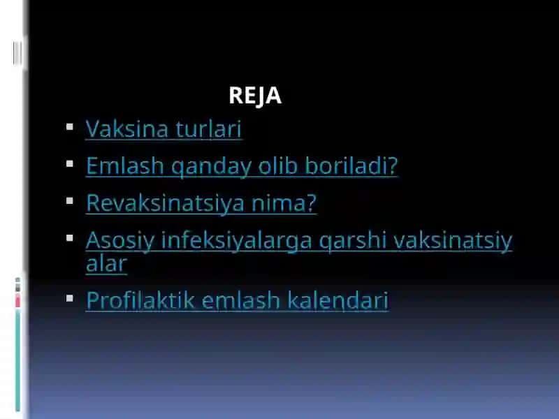 EMLASH JADVALI. VAKSINATSIYA KO’RSATMASI VA QARSHI KO’RSATMA 2