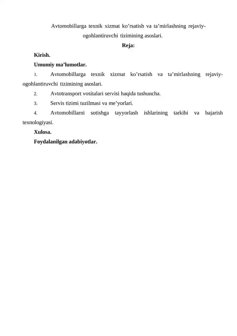 Avtomobillarga texnik xizmat ko’rsatish va ta’mirlashning rejaviy-ogohlantiruvchi tizimining asoslari 2