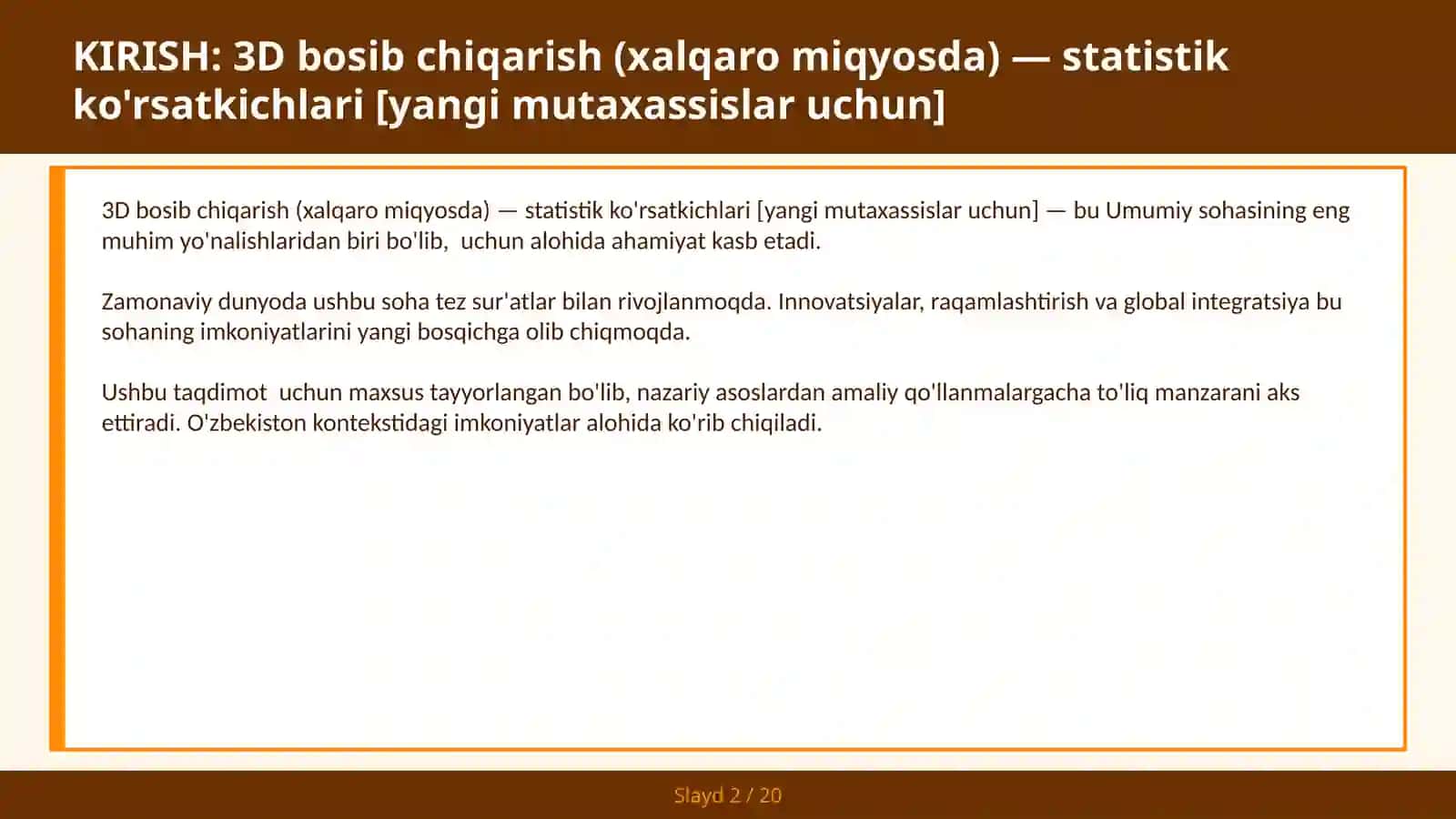 3D bosib chiqarish (xalqaro miqyosda) — statistik ko'rsatkichlari [yangi mutaxassislar uchun] 2