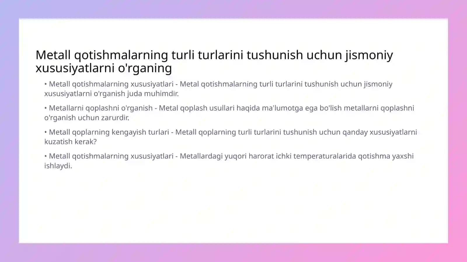 Metall qotishmalarni qiyosiy o'rganish 2