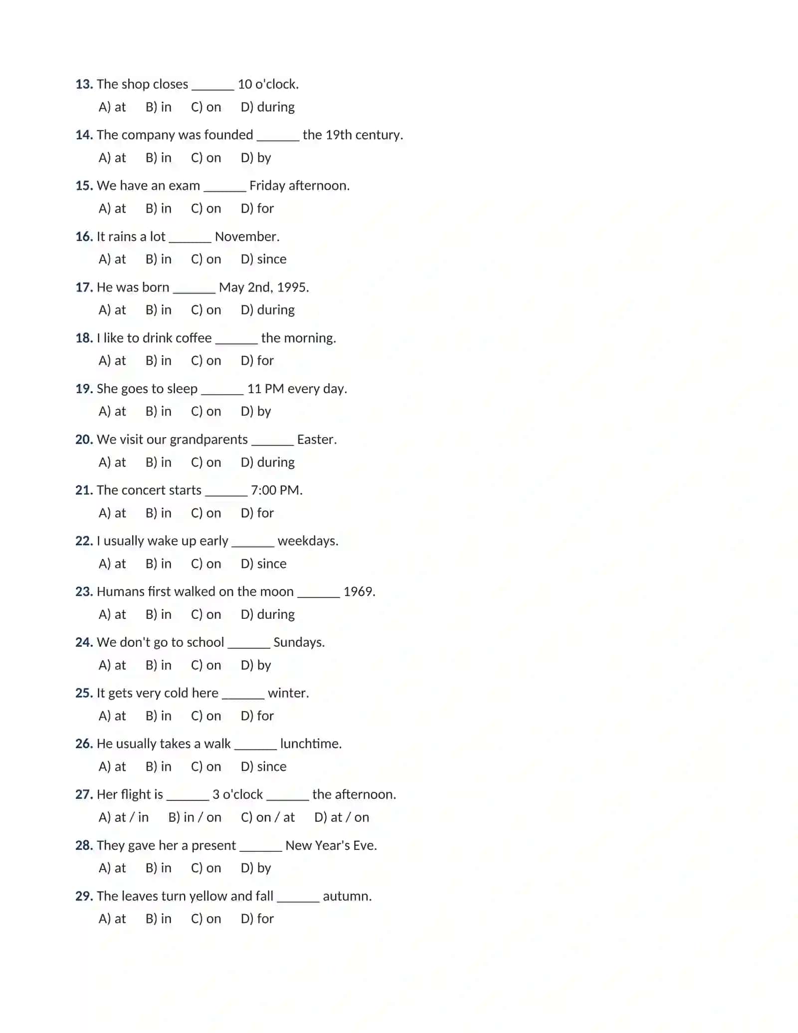 INGLIZ TILI GRAMMATIKASI: PREPOSITIONS OF TIME (VAQT  PREDLOGLARI) 100 talik test javoblari bilan 2