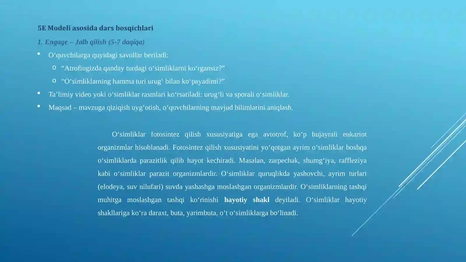 O‘simliklarning xilma-xilligi: Sporali o'simliklar (7-sinf biologiya 5E Modeli asosida dars ishlanma) 2
