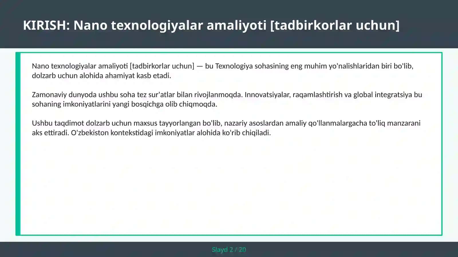 Nano texnologiyalar amaliyoti [tadbirkorlar uchun] 2