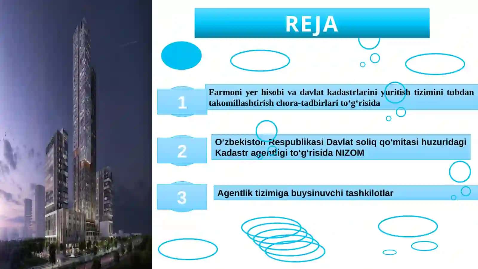 O‘ZBEKISTON RESPUBLIKASI DAVLAT SOLIQ QO‘MITASI HUZURIDAGI KADASTR AGENTLIGI HAMDA KADASTR AGENTLIGINING DAVLAT KADASTRLARI PALATASI TO‘G‘RISIDAGINIZOMLARNI MAQSAD VAZIFALARI 2