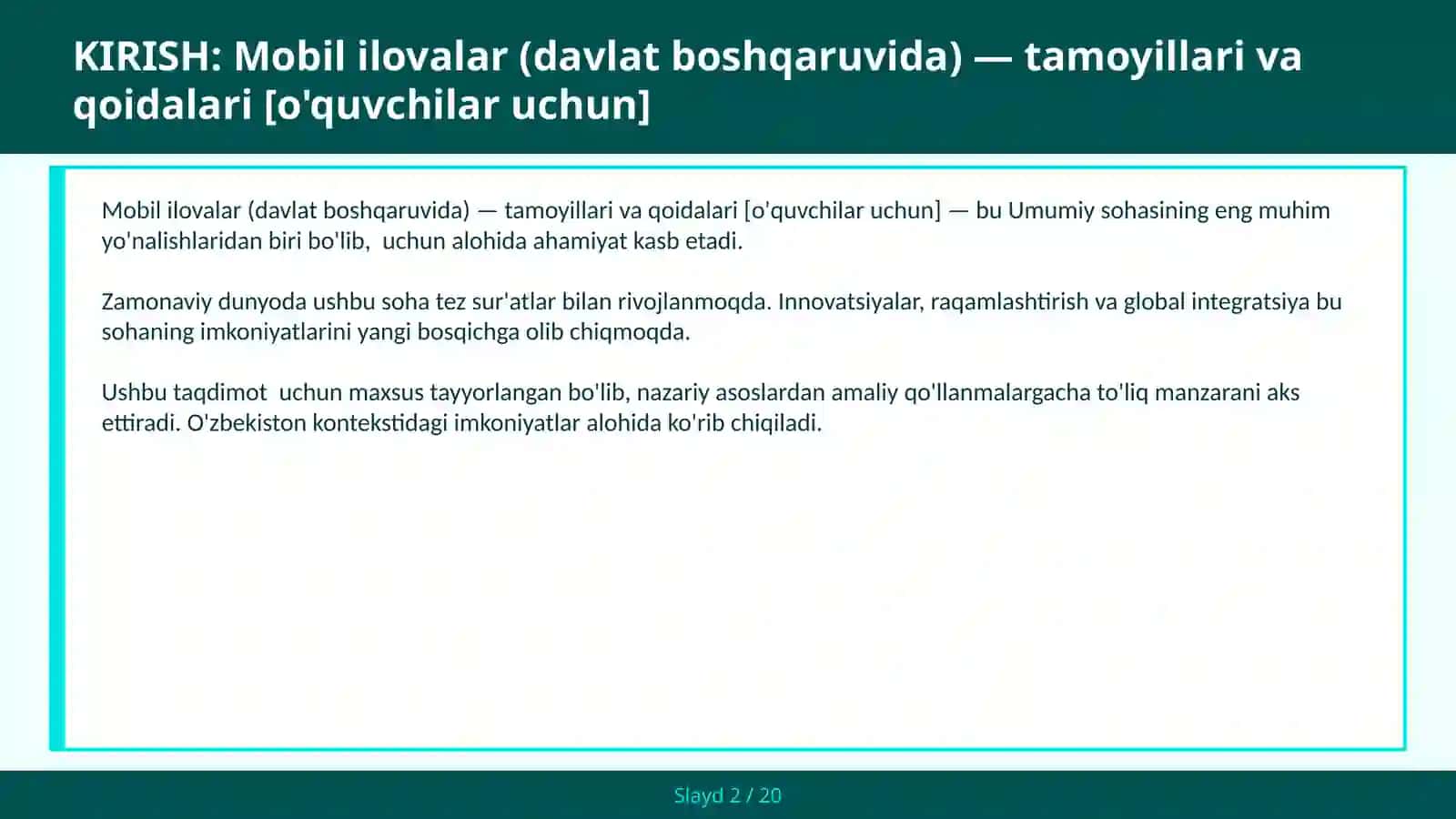 Mobol ilovalar (davlat boshqaruvidagi) — tamoyillari va qoidalari [o'quvchilar uchun] 2