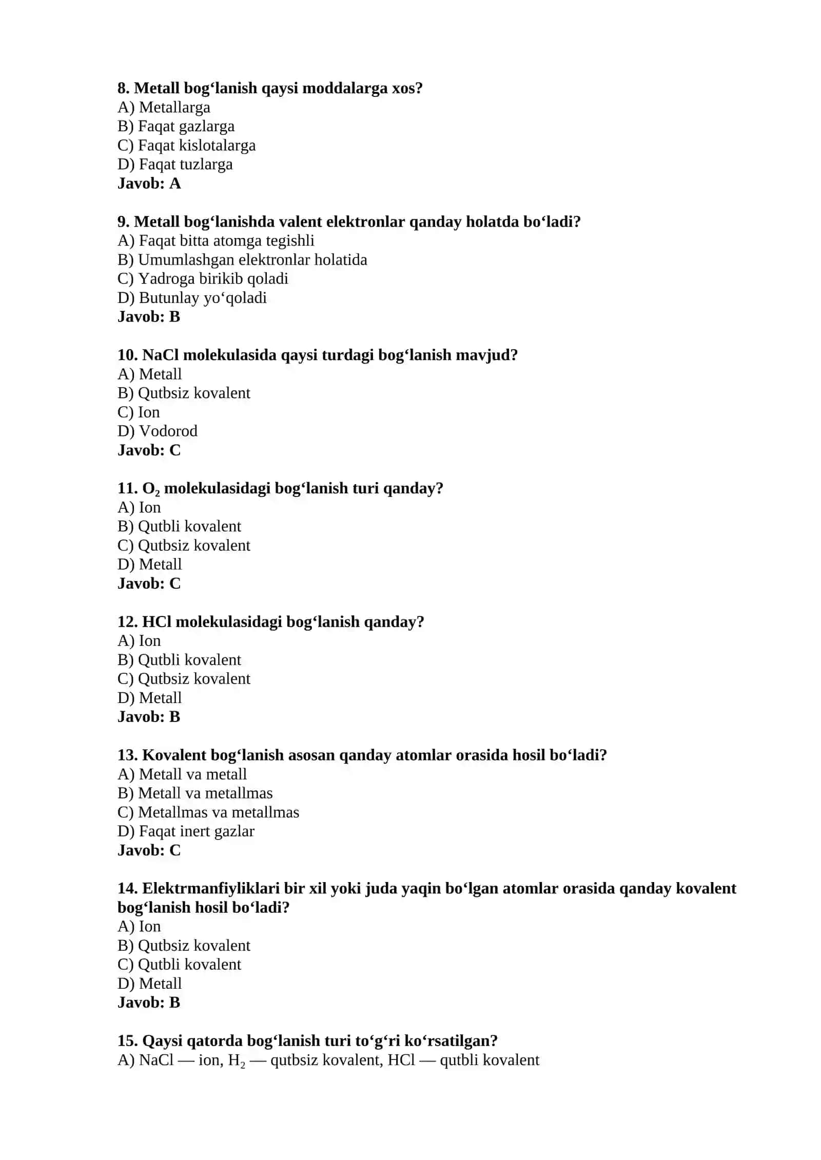 Kimyoviy bog‘lanishlar test savollari 2