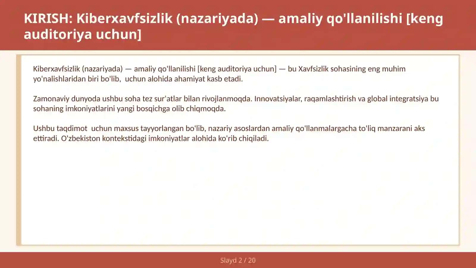 KIBERXAVFSIZLIK (NAZARIYADA) — AMALIY QO'LLANILISHI [KENG AUDITORIYA UCHUN] 2