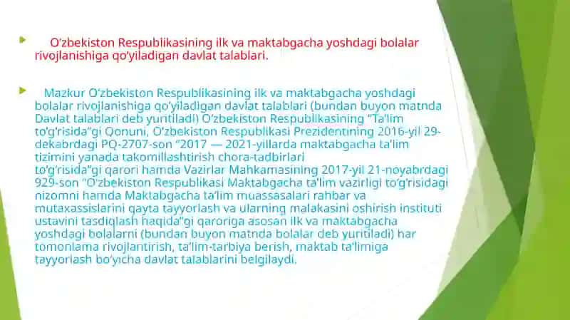 O‘zbekiston Respublikasining ilk va maktabgacha yoshdagi bolalar rivojlanishiga qo‘yiladigan davlat talablari 2