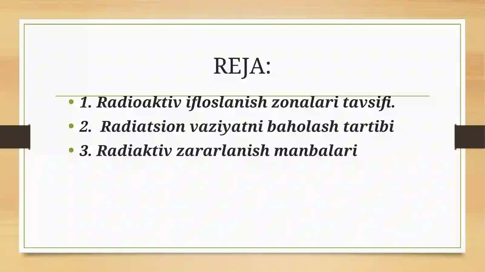 Favqulotda vaziyatni baholash. Radiatsion holat. Radiaktiv zararlanish manbalari. Zonalar tavsifi 2