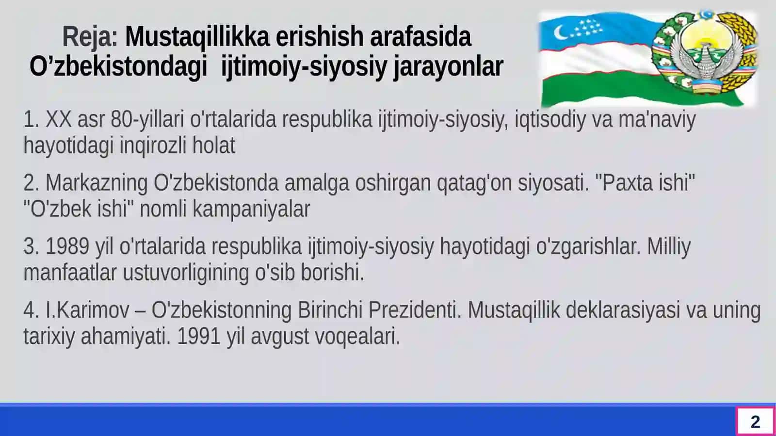 MUSTAQILLIKKA ERISHISH ARAFASIDA O’ZBEKISTONDAGI  IJTIMOIY-SIYOSIY JARAYONLAR (2) 2