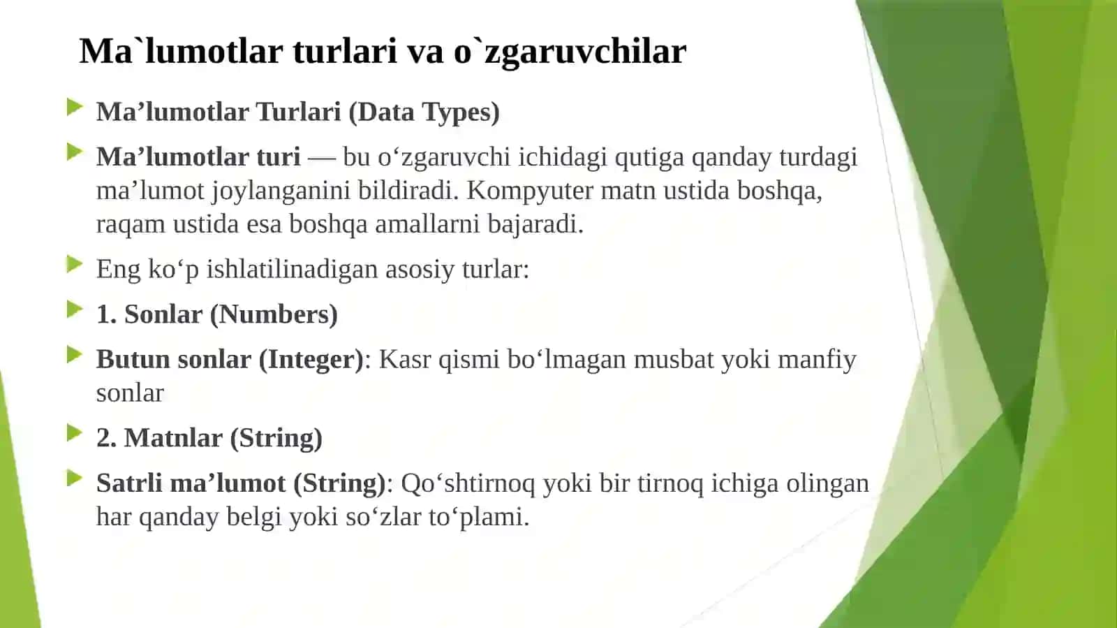 Ma’lumot turlari va o‘zgaruvchilar 2