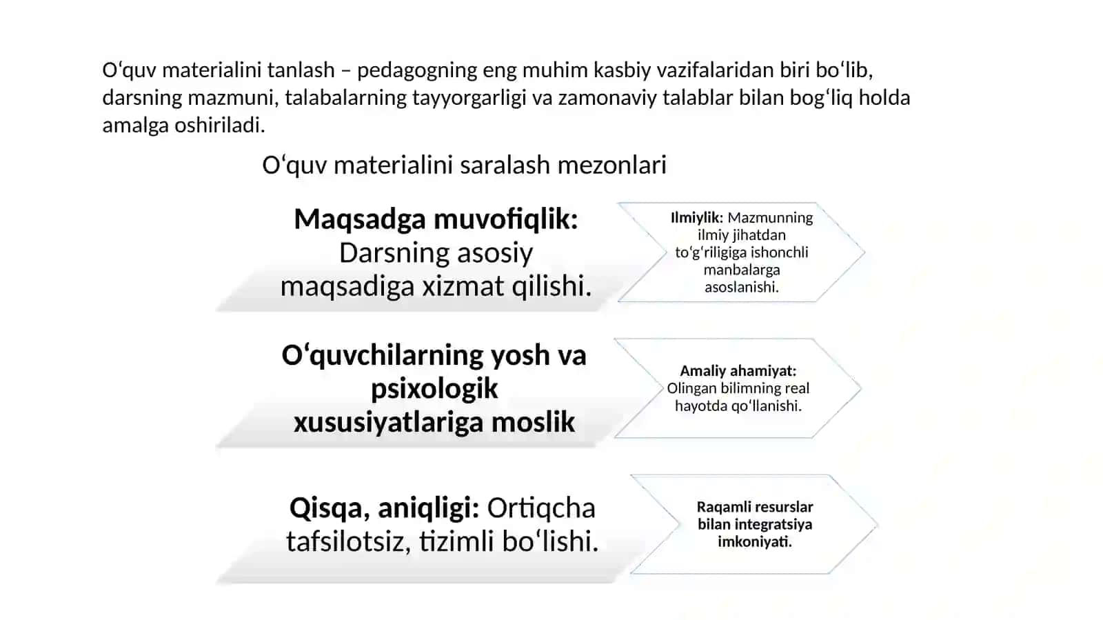 O‘quv materiallarini saralab olish, dars o‘tish uslubini tanlash va dars metodlariga yondashuvning qiyosiy tahlili 2