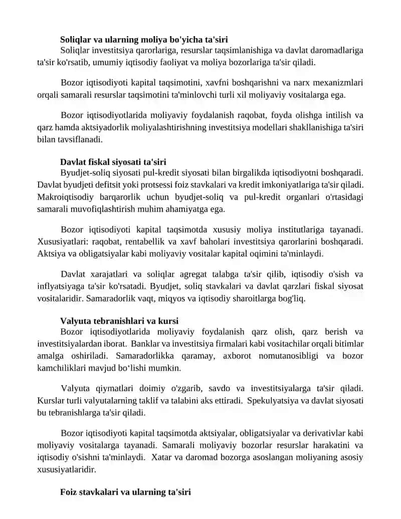 Bozor iqtisodiyoti sharoitida moliyadan foydalanishning oʻziga hos xususiyatlari 2