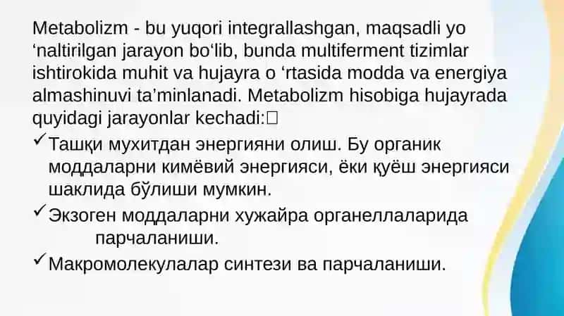 Katabolizm va anabolizm, normal va patologik holatdagi o'zgarishlar. 2