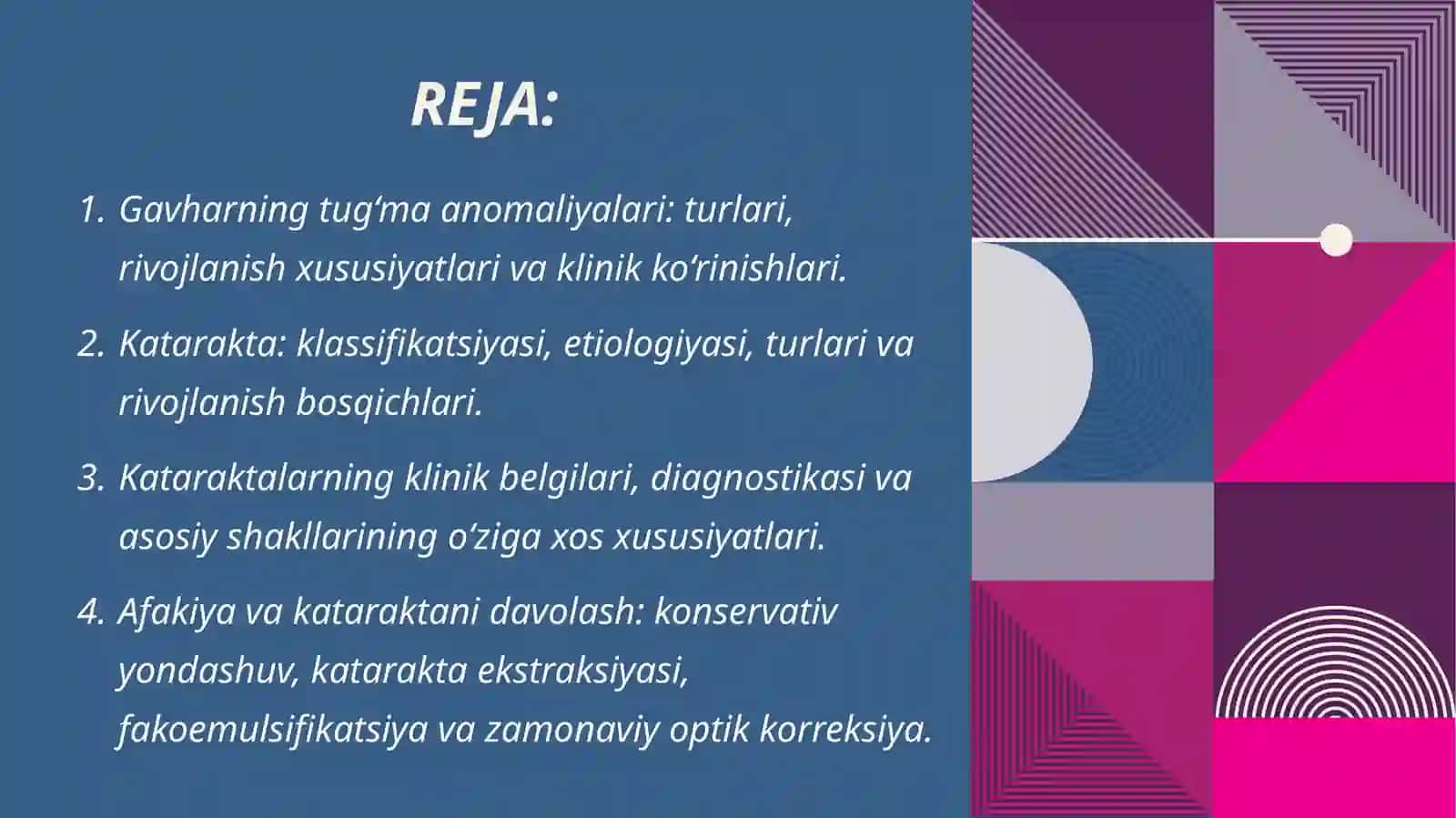 Gavhar kasalliklari. Kataraktalarning klassifikatsiyasi, diagnostika usullari. Afakiya va uni zamona 2