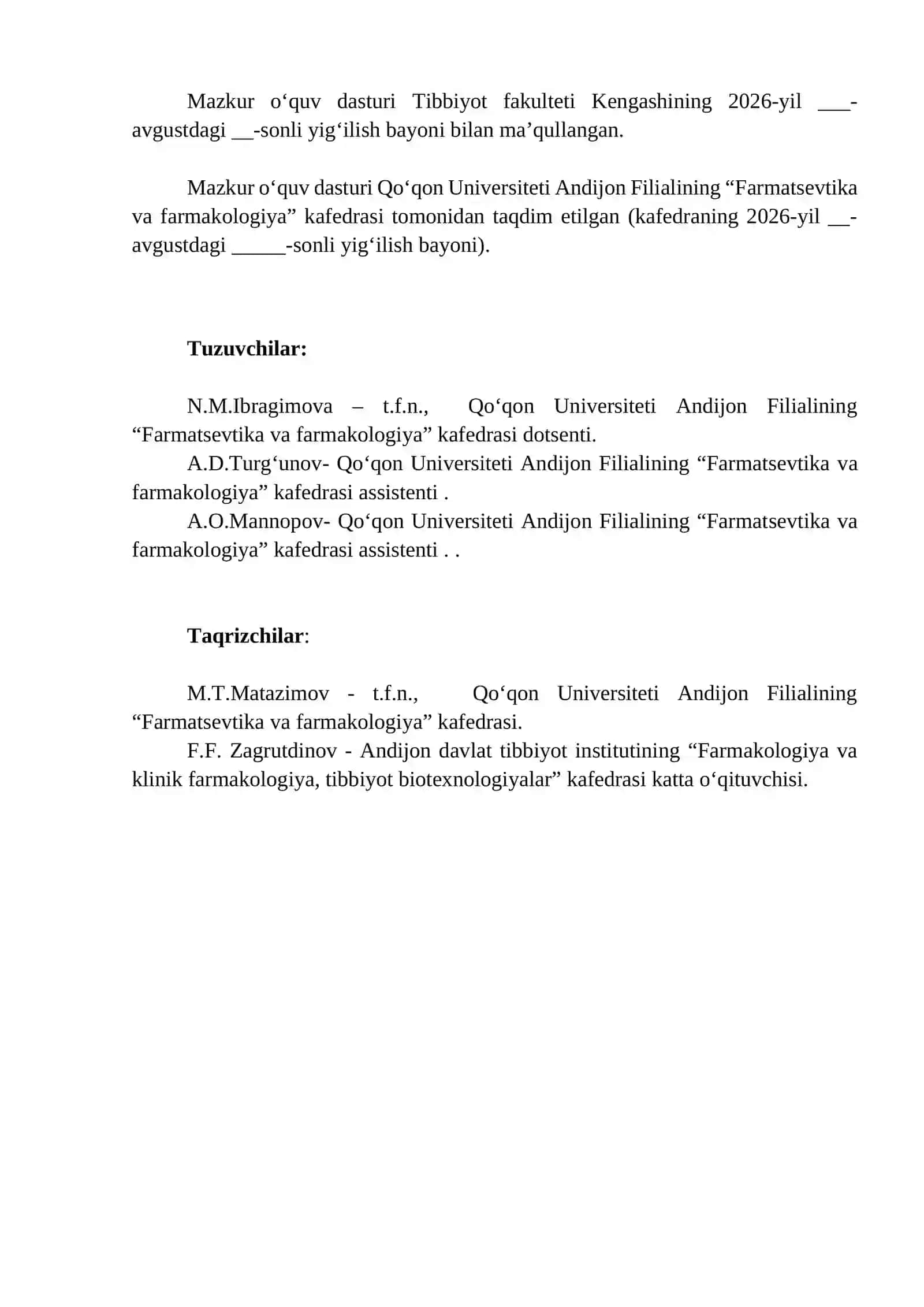 FARMAKOLOGIYA FANINING O‘QUV DASTURI 2