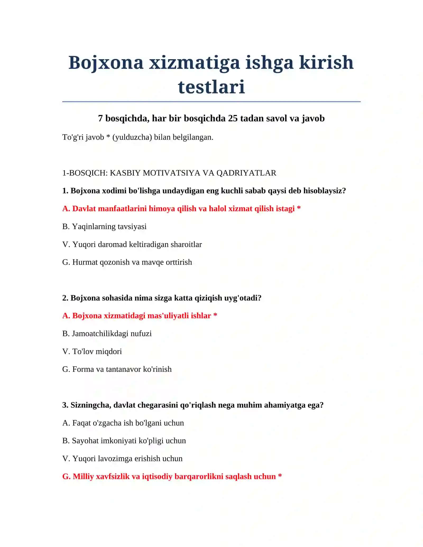 Bojxona xizmatiga ishga kirish testlari 2