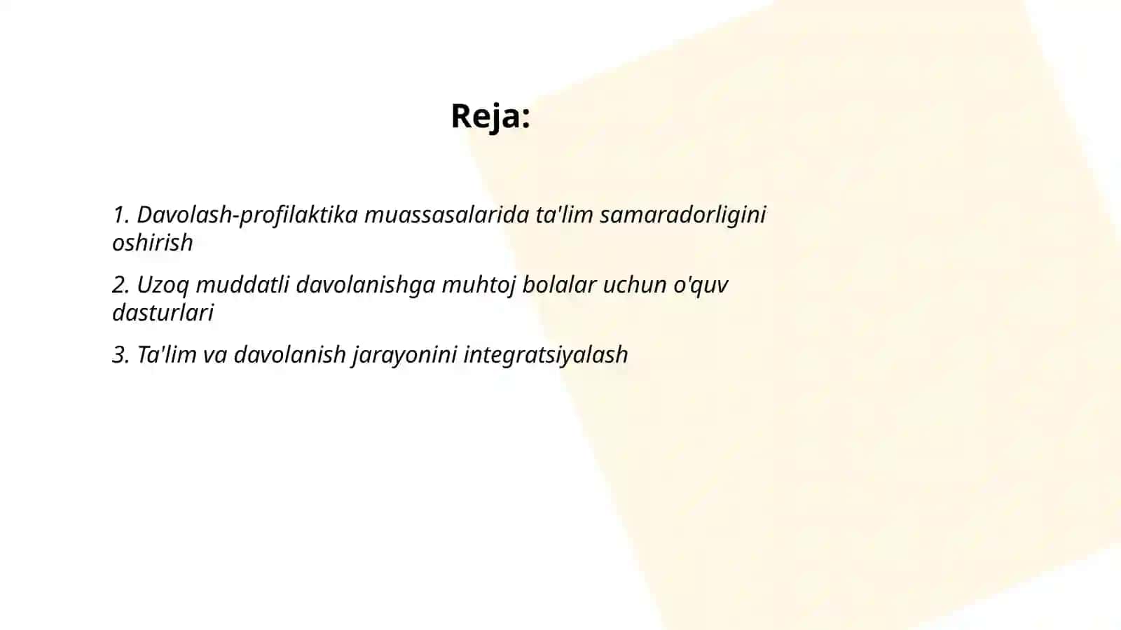Oʻzbekistonda Davolash-profilaktika muassasalarida statsionar sharoitda uzoq muddatli davolanishga muhtoj bolalarga umumiy oʻrta taʼlim berishni tashkil etish 2