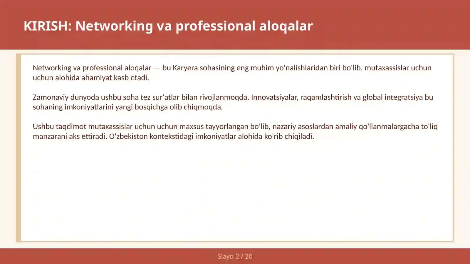 NETWORKING VA PROFESSIONAL ALOQALAR 2
