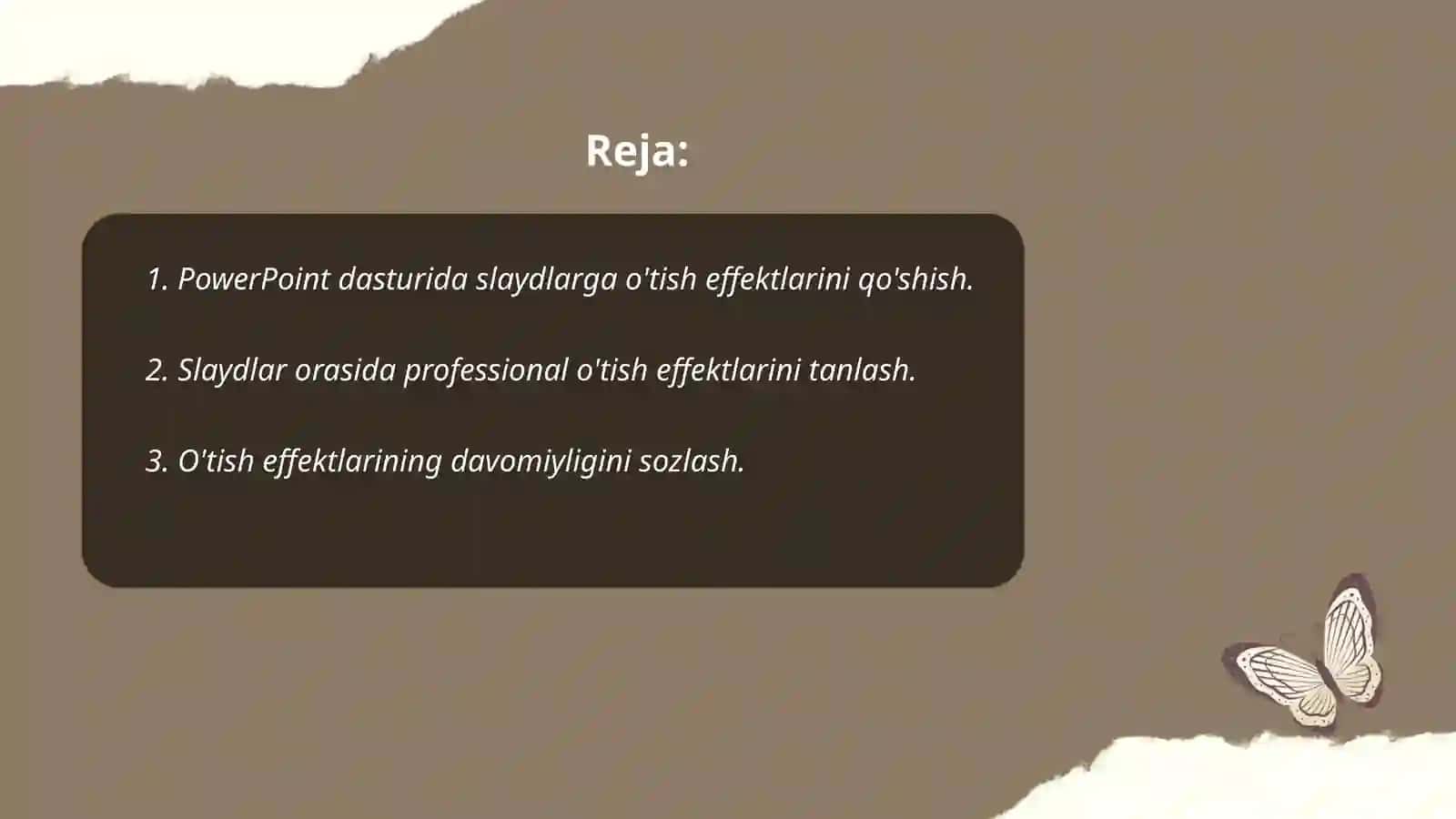 PowerPoint dasturida slaydlarga o'tish effektlarini qo'shish 2