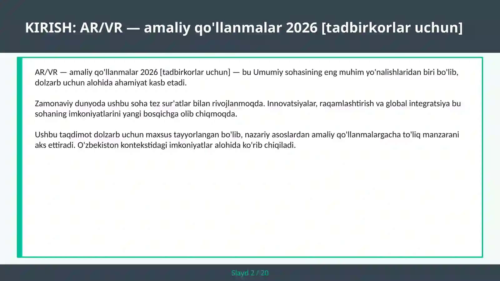 AR/VR — amaliy qo'llanmalar 2026 [tadbirkorlar uchun] 2