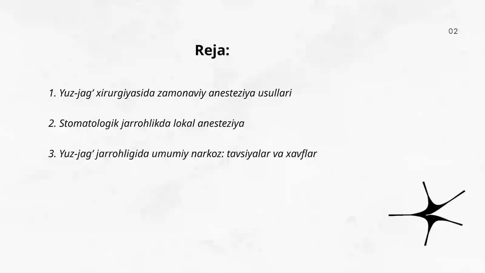 Yuz-jag’ xirurgiyasi, stomatologik va LOR a’zolari xirurgiyasida anesteziya va intensive terapiya презентация 2