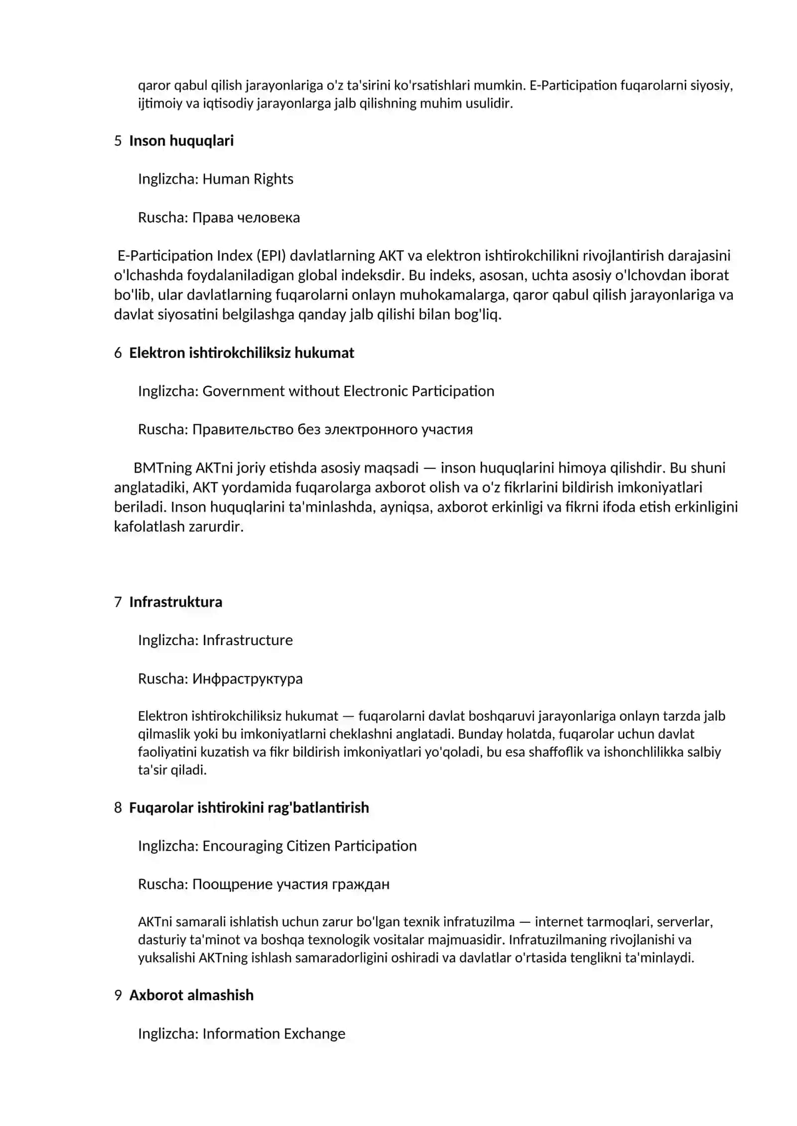 BMT ning AKTdan foydalanish samaradorligini baholaydigan indeksi (E-Participation Index)ning xususiyatlari 2