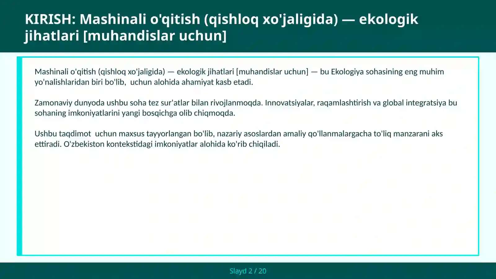 Mashinali o'qitish (qishloq xo'jaligida) — ekologik jihatlari [muhandislar uchun] 2
